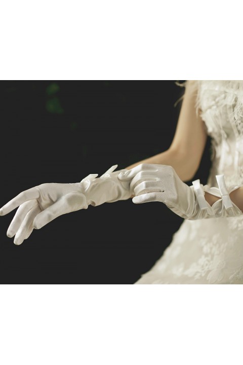 White Vintage Double Bows Design Satin Wedding Bridal Gloves