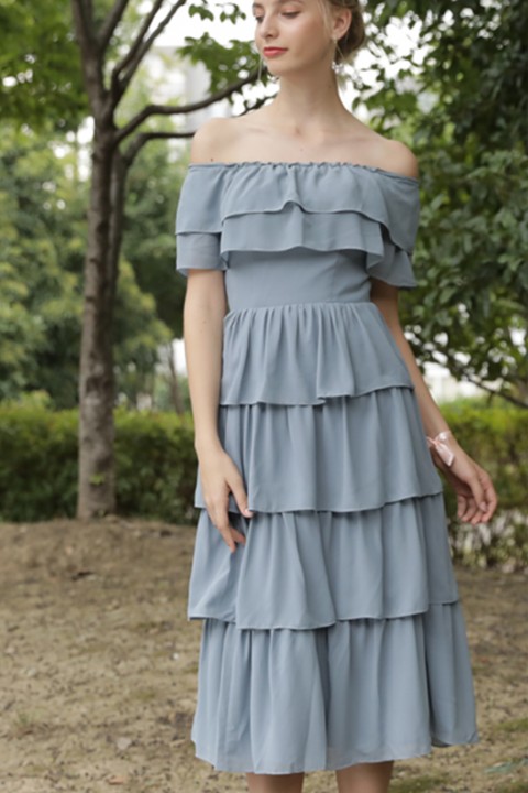 Off The Shoulder Layered Ruffles Chiffon Bridesmaid Dress with Corsage Back