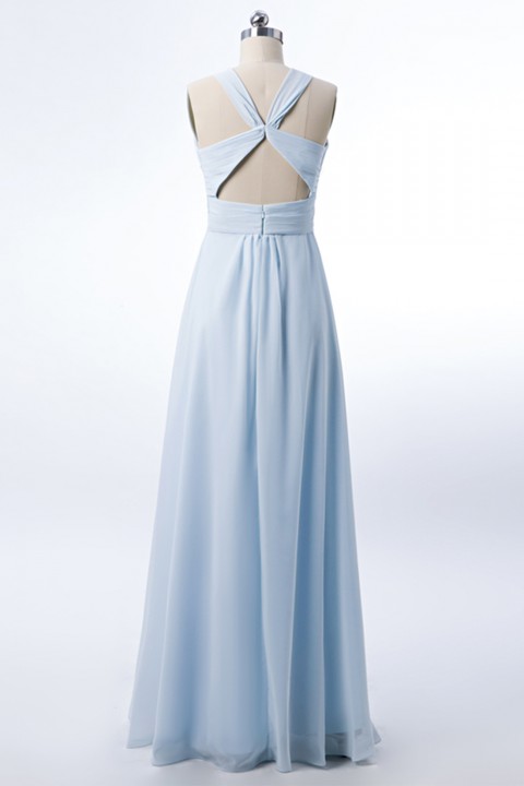 Halter Neck Ruched Bodice Chiffon A-line Bridesmaid Dress with Cutout Back