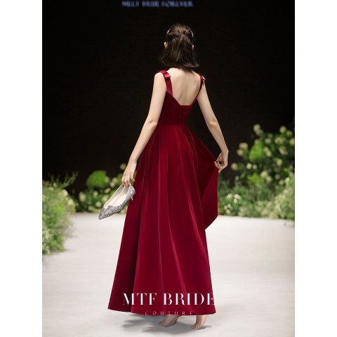 Burgundy Bowknot Decor Straps Velvet Party Dress