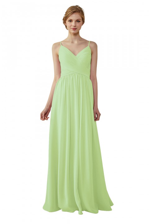 Spaghetti Straps Pleated Low V Back Bridesmaid Dress