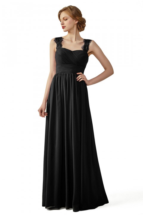 Pleated Long Chiffon Open Back Lace Strap Bridesmaid Dress