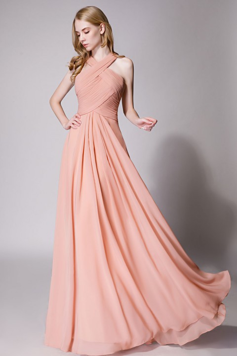 Chic Criss-cross Halter Pleated Chiffon Bridesmaid Dress Long