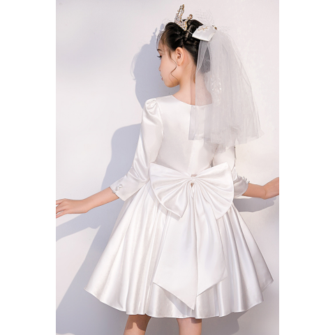Creamy White Satin Bow Long Sleeves Princess Tulle Skirt Flower Girl Dresses