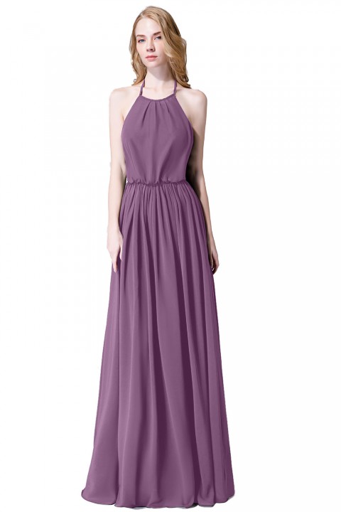 Halter Spaghetti Strap Open Back Chiffon Bridesmaid Dress with Sash