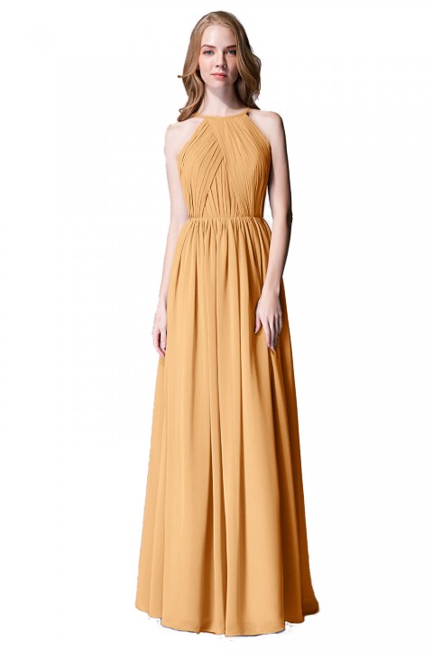 Pleated A-Line Halter Spaghetti-Straps Back Chiffon Bridesmaid Dress