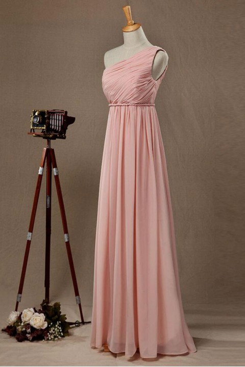 One Shoulder Long Chiffon Pleated Bridesmaid Dress with Twist Belt