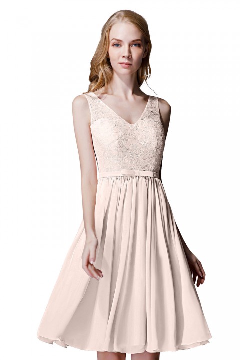 V-Neck Lace Bodice Straps Detail Back Short Bridesmaid Dress with Belt