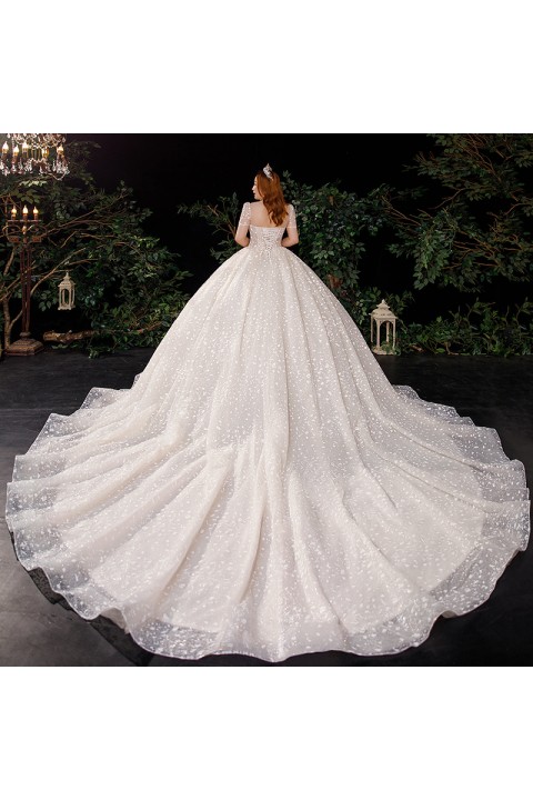 Plus Size 2021 New Off Shoulder Flower Embroidered Design Tulle Wedding Dress With Long Train