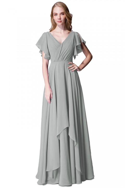 Flutter Sleeve Chiffon Ruched V Back Bridesmaid Dress Long