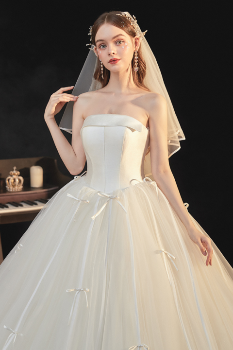 2021 New Bow Design Sleeveless Satin Corset Tulle Wedding Dress With Long Train