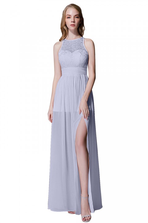 Illusion Lace Neck & Back Scoop Side Slit Bridesmaid Dress