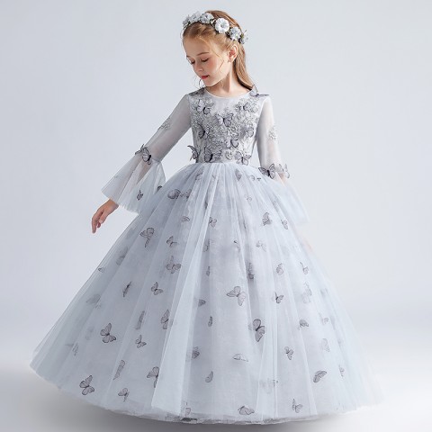 Luxury Series Grey Round Neck Long Puff Sleeve Butterflies Decor Tulle Skirt Girls Pageant Dresses