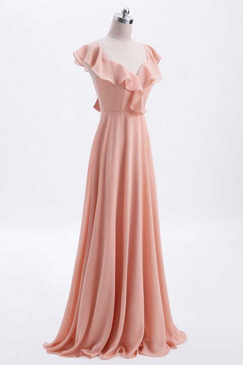 V Neck Cascading Ruffles Sleeve Bow Back Bridesmaid Dress 