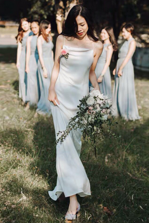 2021 Off Shoulder Spaghetti Straps Backless Mermaid Satin Wedding Dress