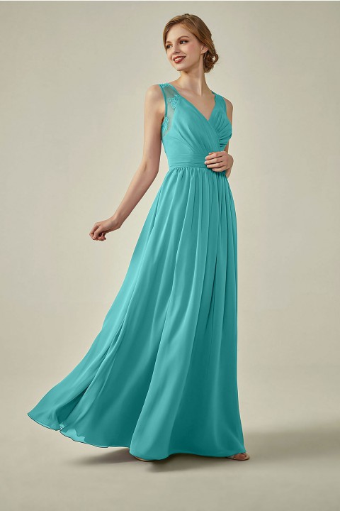 Lace Illusion Back Closure with Button Ruched V-Neck Bridesmaid Dress 