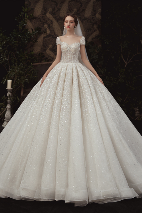 2021 New White Sequined Fullfilled Cap Sleeves Tulle Wedding Dress With Long Train