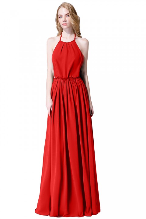 Halter Spaghetti Strap Open Back Chiffon Bridesmaid Dress with Sash