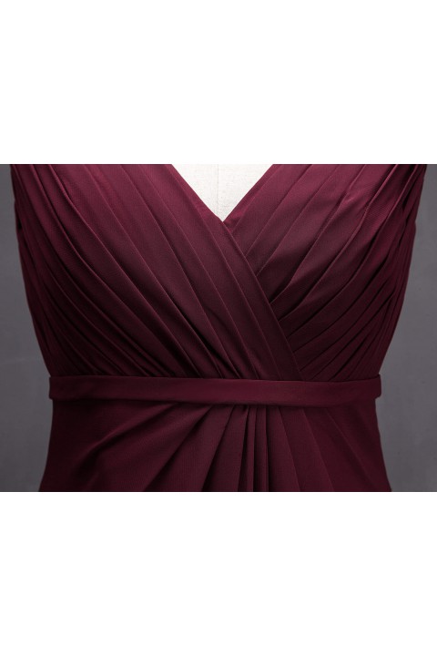 V Neck & Back Thin Sash Ruched Chiffon Bridesmaid Dress Long