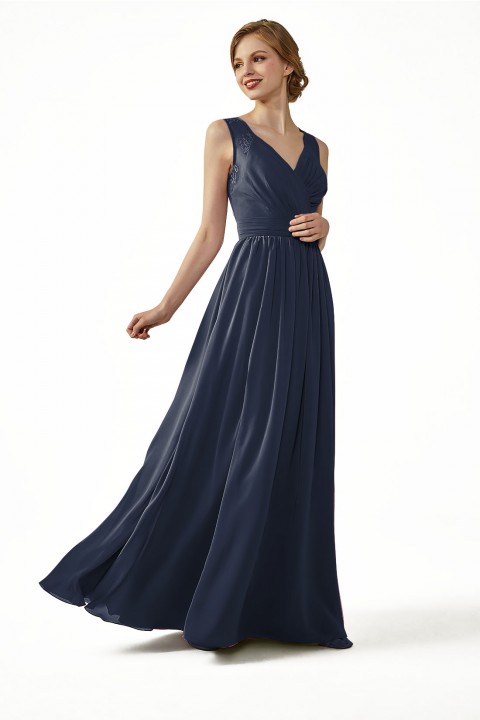 Lace Illusion Back Closure with Button Ruched V-Neck Bridesmaid Dress 