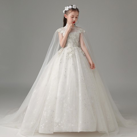 White High Neck Cap Sleeves With Shawl Sequined Flower Shiny Tulle Skirt Girls Pageant Dress