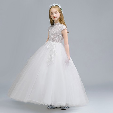 High Collar Sleeveless Embroidery Pattern Decor Tulle Skirt Girls Pageant Dresses