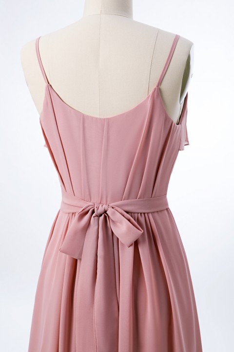 Spaghetti Straps Scoop Back Ruffled Chiffon Bridesmaid Dress with Sash