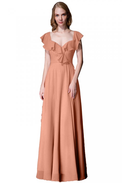 V Neck Cascading Ruffles Sleeve Bow Back Bridesmaid Dress 