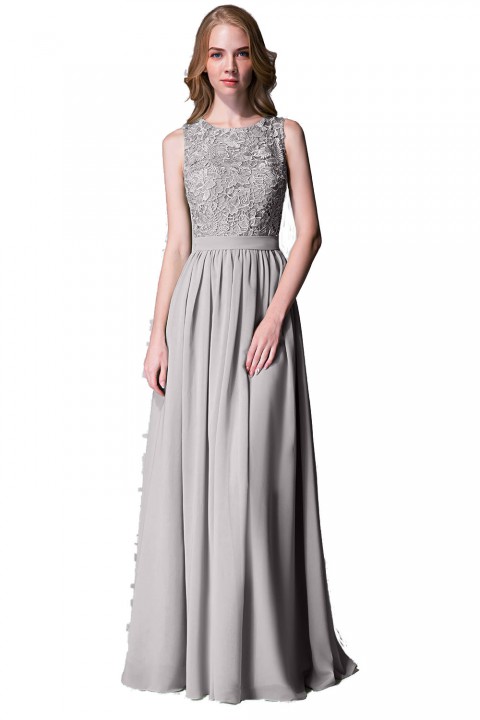 Lace Upper Bodice Illusion Scoop Neck Chiffon Bridesmaid Dress Sleeveless