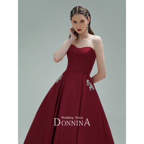 Burgundy Off Shoulder Sweetheart Neck Beaded Flower Decor Vintage Satin Party Dress