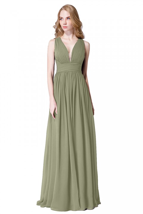 Sexy Deep V-Neck Plunging Silt Bridesmaid Dress with Keyhole Back