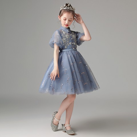 Blue Stand Collar Short Puff Sleeves Sequin & Beaded Flower Decor Shiny Tulle Skirt Girls Pageant Dresses