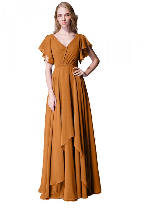 Flutter Sleeve Chiffon Ruched V Back Bridesmaid Dress Long