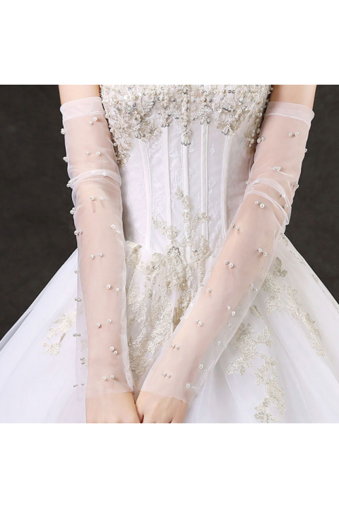 White Fingerless Long Sleeves Beads Decor Tulle Wedding Bridal Gloves