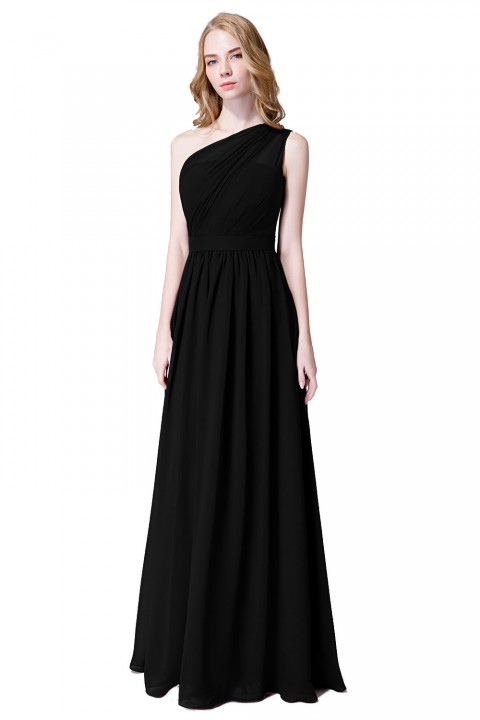 Illusion One-Shoulder Chiffon Pleated Bridesmaid Dress Long