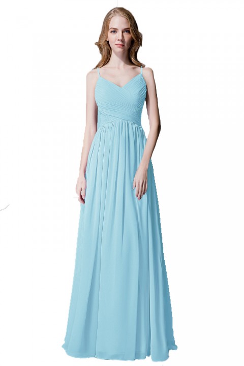 Spaghetti Straps Pleated Chiffon Bridesmaid Dress with Lace Open Back