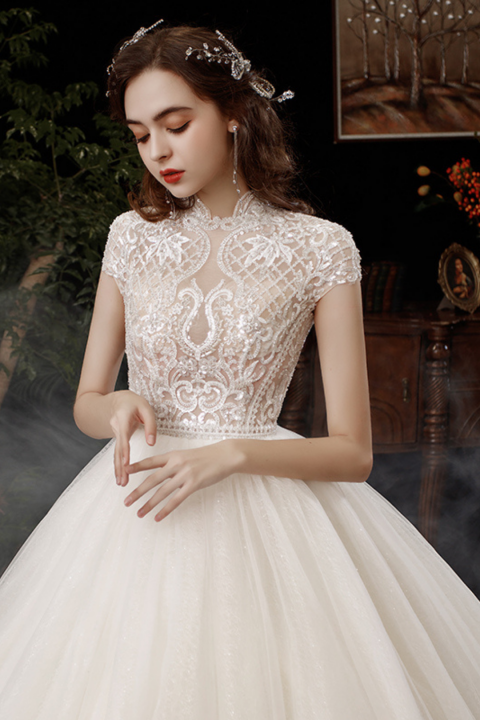 2021 New Short Sleeves Embroidery Sequin Decor Tulle Wedding Dress With Long Train