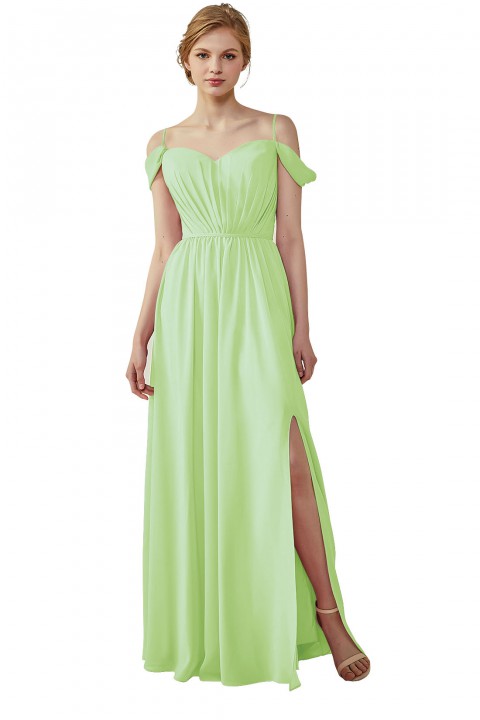 A-Line Cold Shoulder Spaghetti Straps Chiffon Bridesmaid Dress with Side Slit