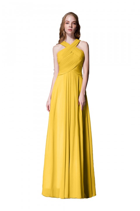 Chic Criss-cross Halter Pleated Chiffon Bridesmaid Dress Long