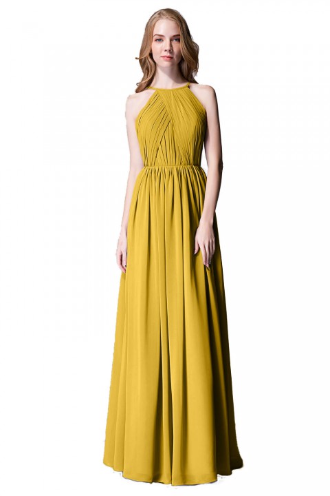 Pleated A-Line Halter Spaghetti-Straps Back Chiffon Bridesmaid Dress