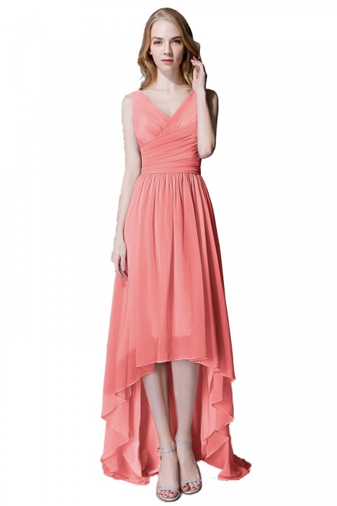 Romantic High-Low V-Neck Chiffon Ruched Bridesmaid Dress