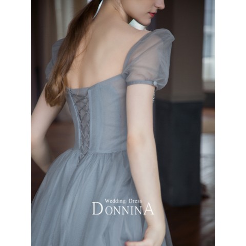 Bit of Blue Sweetheart Neck Puff Sleeves Beaded Tulle Party Dress