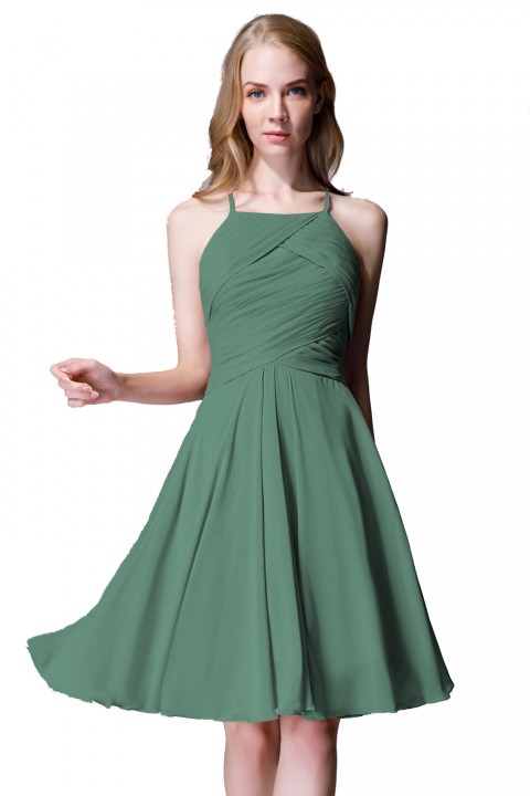 Elegant Halter Tea Length Pleated Chiffon Bridesmaid Dress with Tie Back