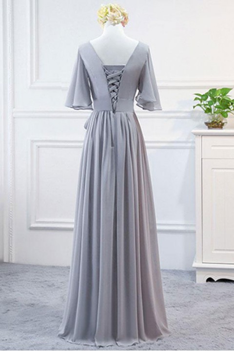 Flutter Sleeves V Neck Ruched Bridesmaid Dress with Belt