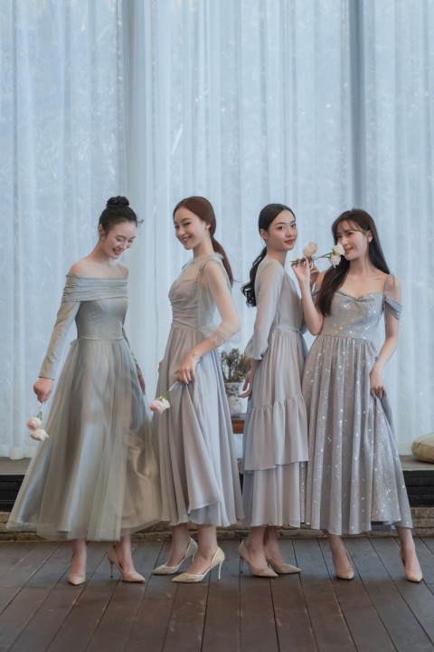 Grey Cold Shoulder Star Pattern Chiffon Bridesmaid Dress