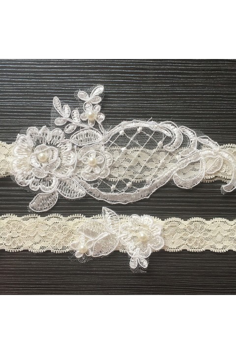 Pearl Decor Lace Elastic Bridal Garter Set