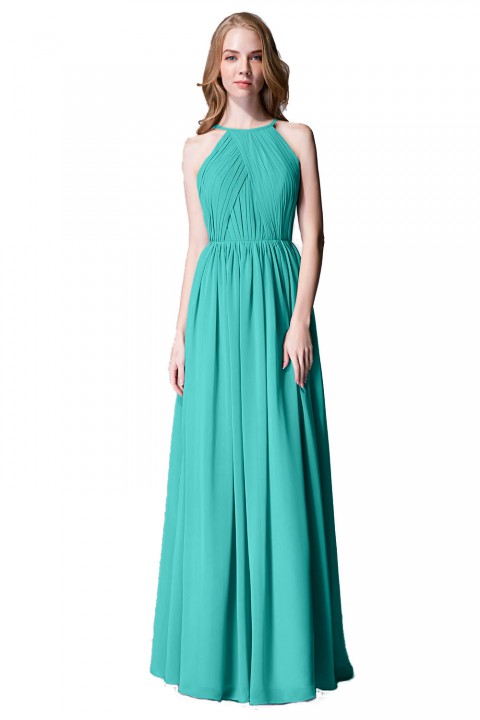 Pleated A-Line Halter Spaghetti-Straps Back Chiffon Bridesmaid Dress