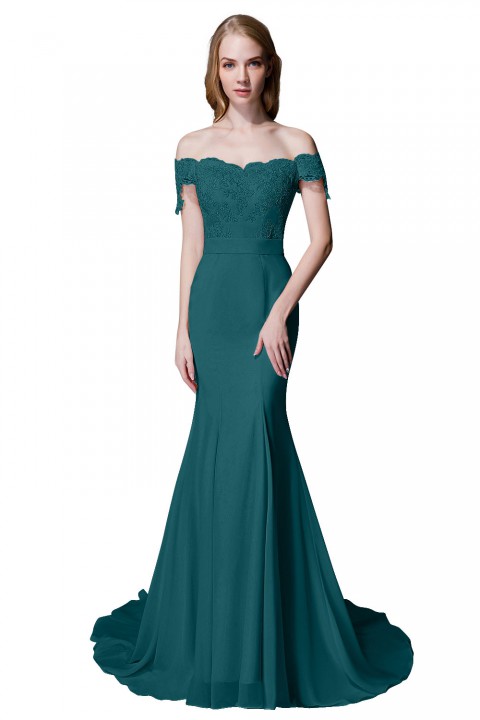 Elegant Mermaid Off Shoulder Chiffon Lace Straight Bridesmaid Dress with Train