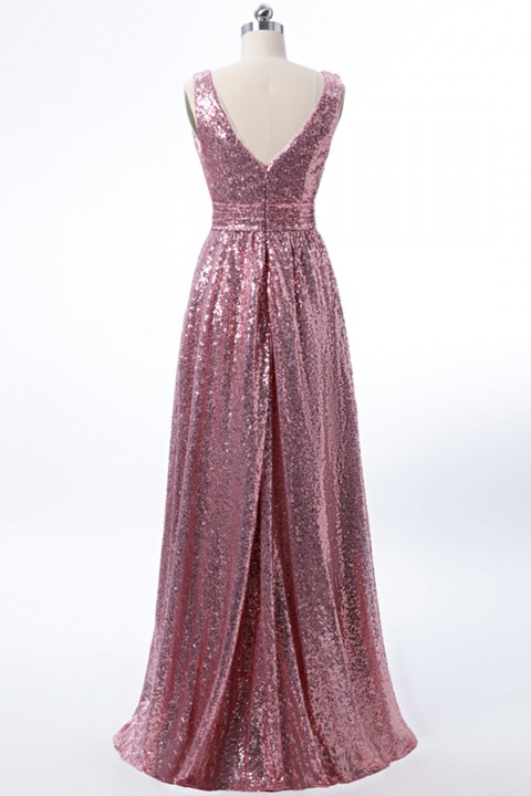 V Neck Ruched Bodice Glitter Sequin Bridesmaid Dress