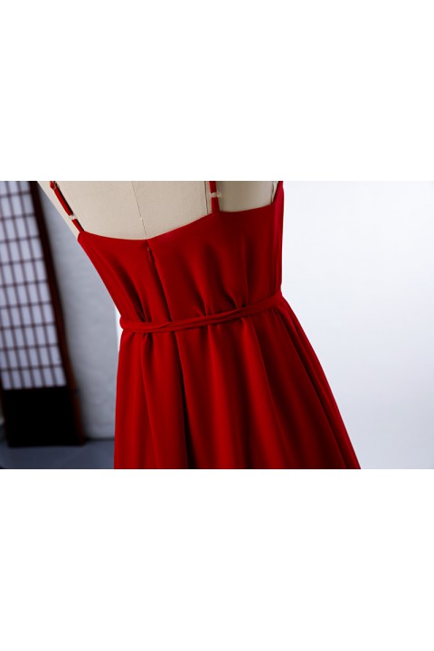 Spaghetti Straps Halter Neckline Open Back Bodice Side Slit Skirt Bridesmaid Dress with Adjustable Belt